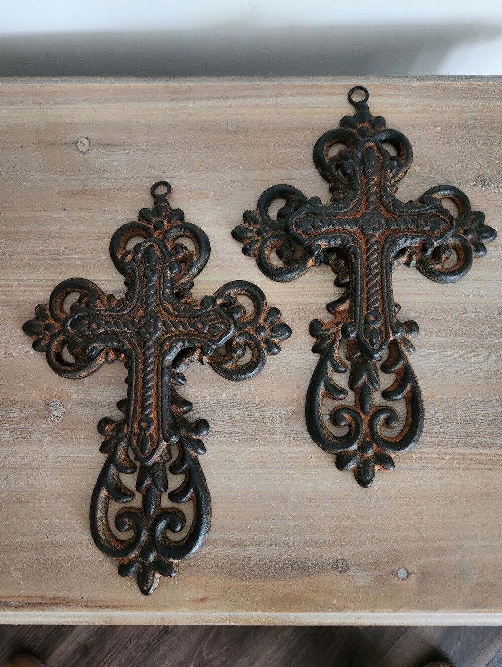Set of 2 Ornate Cast Iron Wall Crosses Gothic Scrollwork Rustic Brown Home Decor